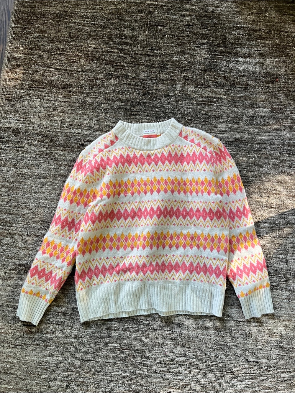 J. Crew Cream Crewneck Sweater with Pink & Yellow Diamond Fair Isle